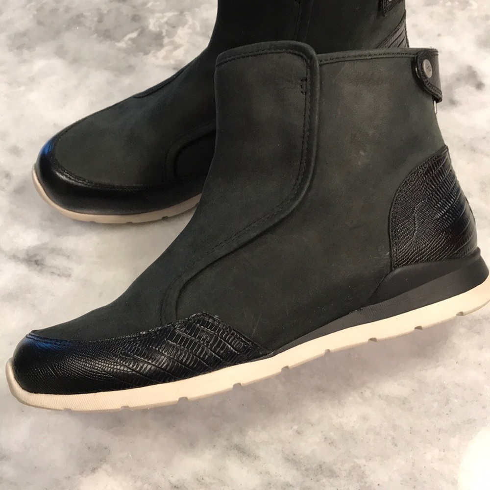 Black Sueded leather UGG Booties with Snakeskin detailing Size 8 EUC